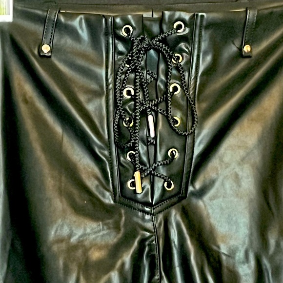 Black Pleather Lace Up Pants w/White Varsity Stripes - Picture 3 of 6